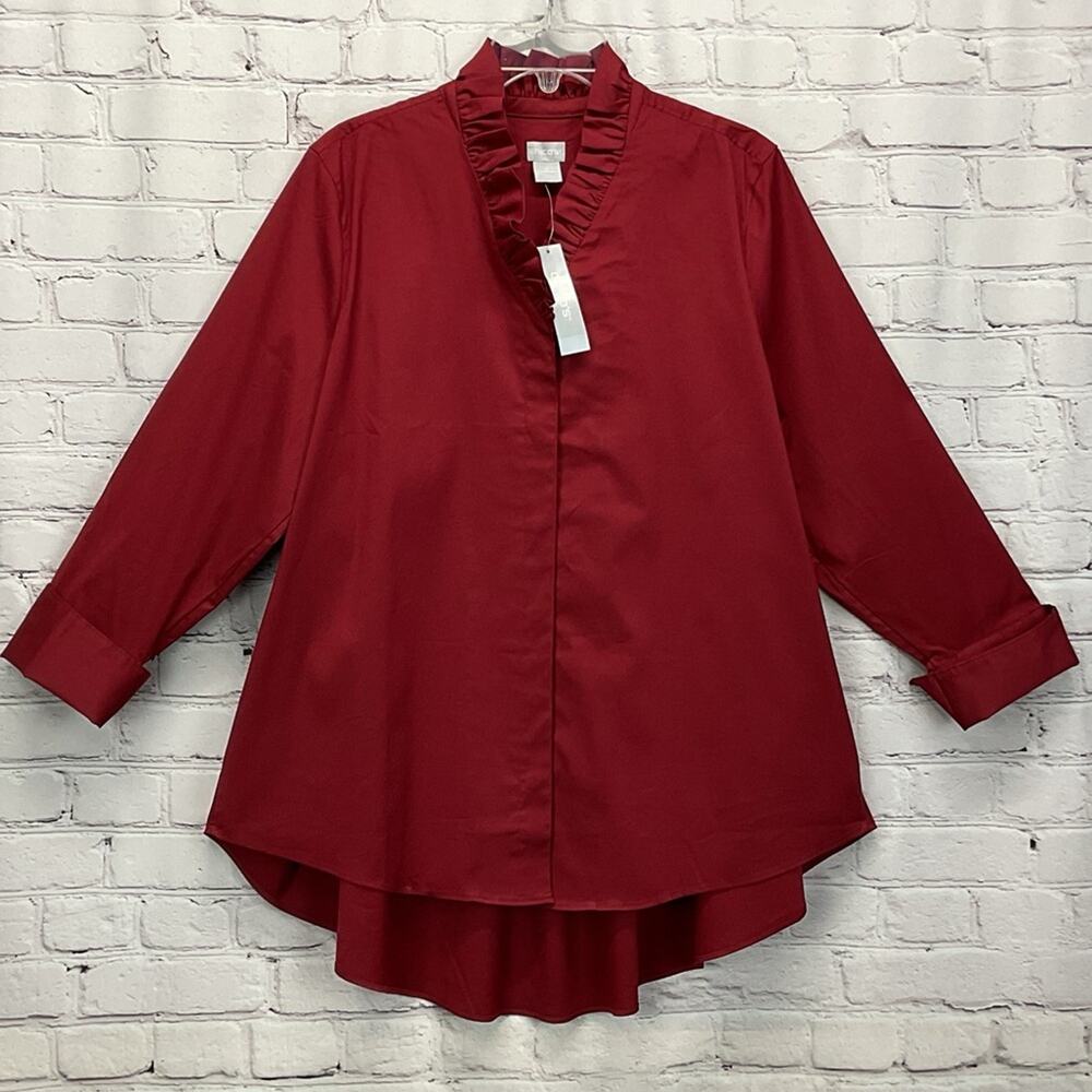 Chico's Shirt Women’s Size 2 (M/12) Deep Red Button Up Ruffled V-Neck Poplin NWT